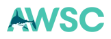 A logo with the letters "AWSC" in teal, featuring a shark silhouette integrated into the letter "A."