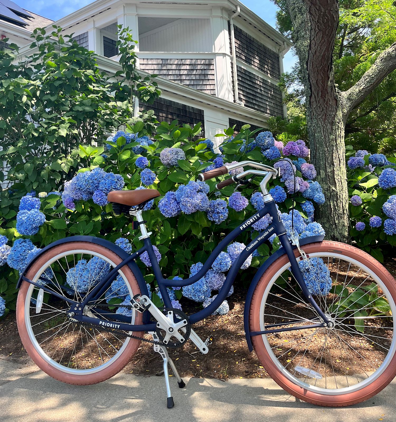 A bicycle with brown handlebars and rims is parked in front of purple hydrangeas, with a white house and trees in the background.