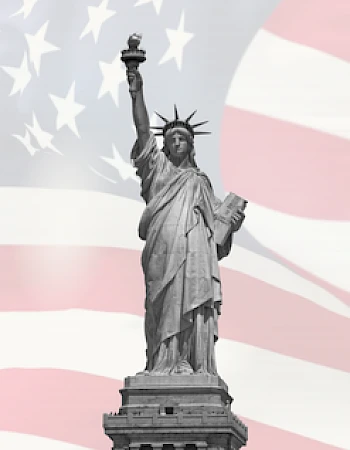 The image shows the Statue of Liberty with the U.S. flag as the background, symbolizing freedom and America.