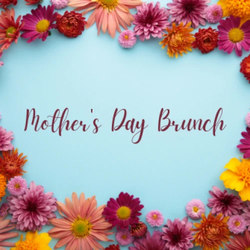 The image features the text "Mother's Day Brunch" surrounded by a colorful border of various flowers on a light blue background.