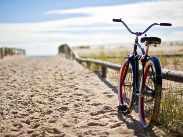 A blue bicycle with red rims stands on a sandy path by a wooden fence, leading toward a bright sky and distant dunes.