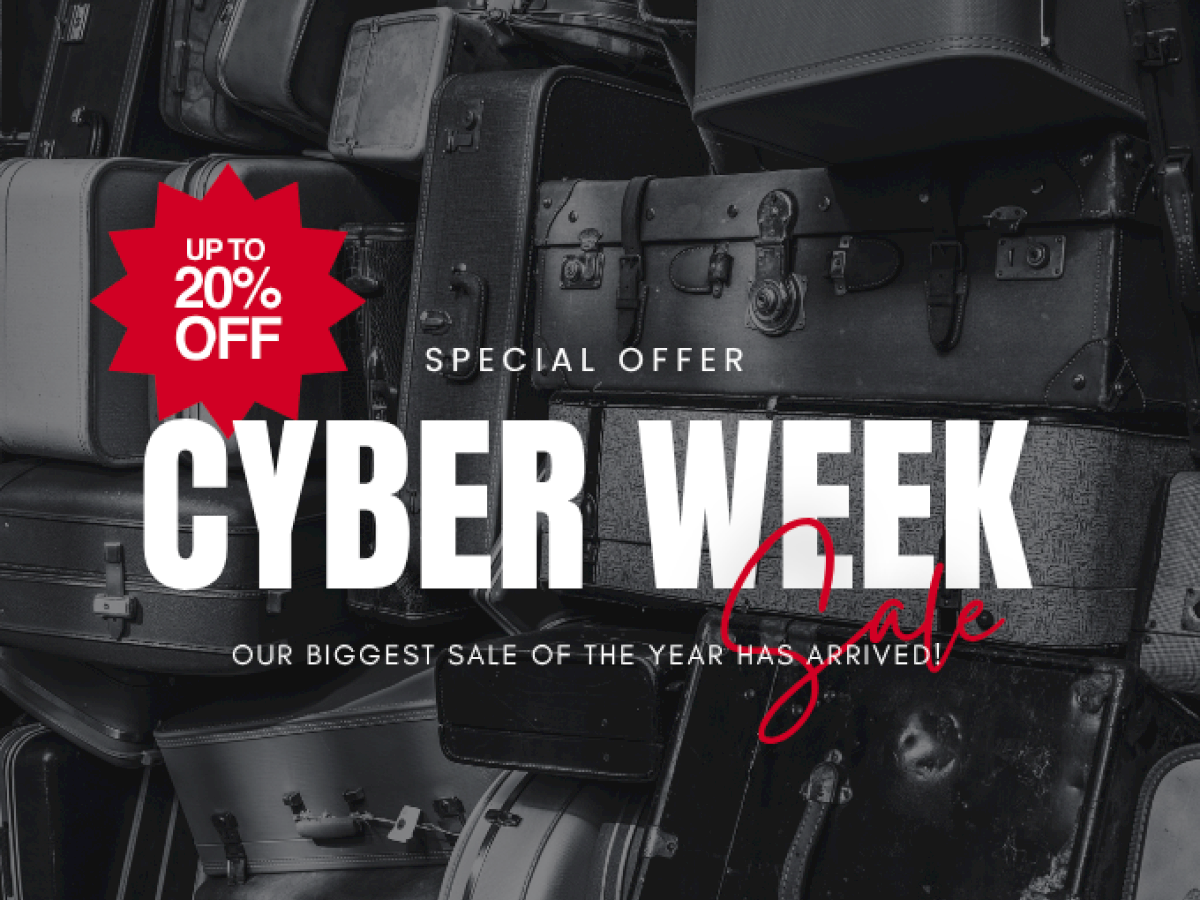 Promotional image for a Cyber Week sale, offering up to 20% off, with various suitcases in the background.