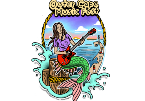 A &ldquo;Outer Cape Music Fest&rdquo; logo showing a guitar-playing mermaid over ocean waves, with musical and beach-themed details, in a banner.