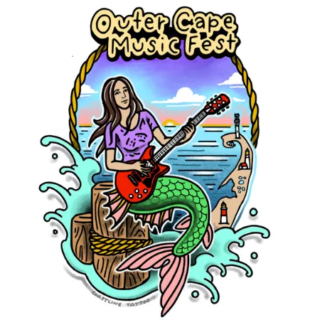 A &ldquo;Outer Cape Music Fest&rdquo; logo showing a guitar-playing mermaid over ocean waves, with musical and beach-themed details, in a banner.