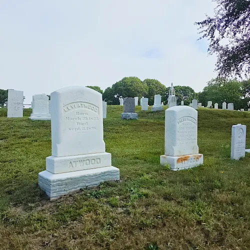 A cemetery filled with white gravestones standing in grassy rows under a cloudy sky.